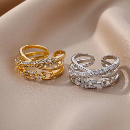 Zircon Twist Chain Open Rings For Women Stainless Steel Geometric Twist Wrapped Adjustable Ring Wedding Aesthetic Jewelry Gift