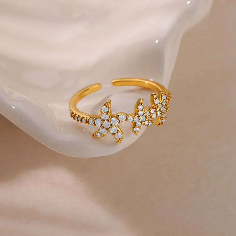 Starfish Shell Stainless Steel Open Rings For Women Fashion Gold Color Finger Ring Trendy Summer Beach Vacation Ocean Jewelry