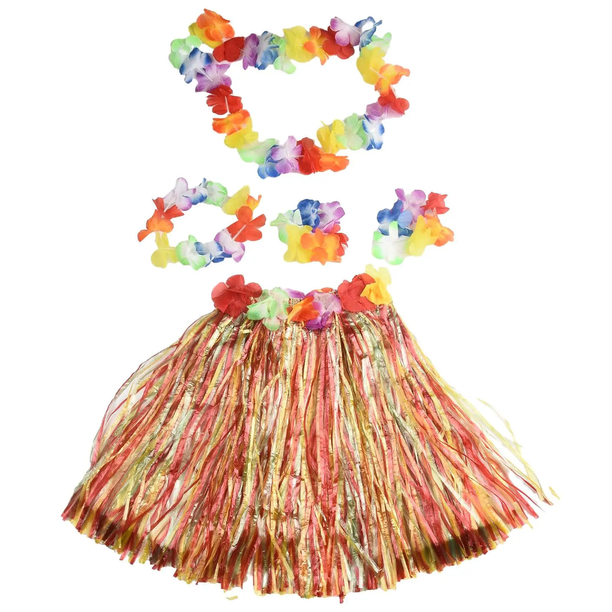 Kids Hawaiian Luau Costume Set | Grass Skirt Lei Flower Bracelets Headband