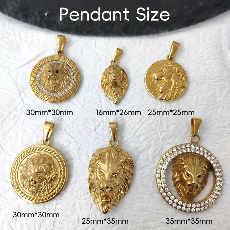 Men's Rock Hip Hop Crystal Inlay Lion Head Pendant Fashion Creative Stainless Steel Gold Color Party Club Charm Jewelry
