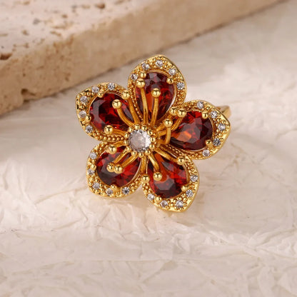 Luxury Colorful Zircon Flower Rings For Women Gold Color Stainless Steel Opening Ring Fashion Wedding Party Aesthetic Jewelry