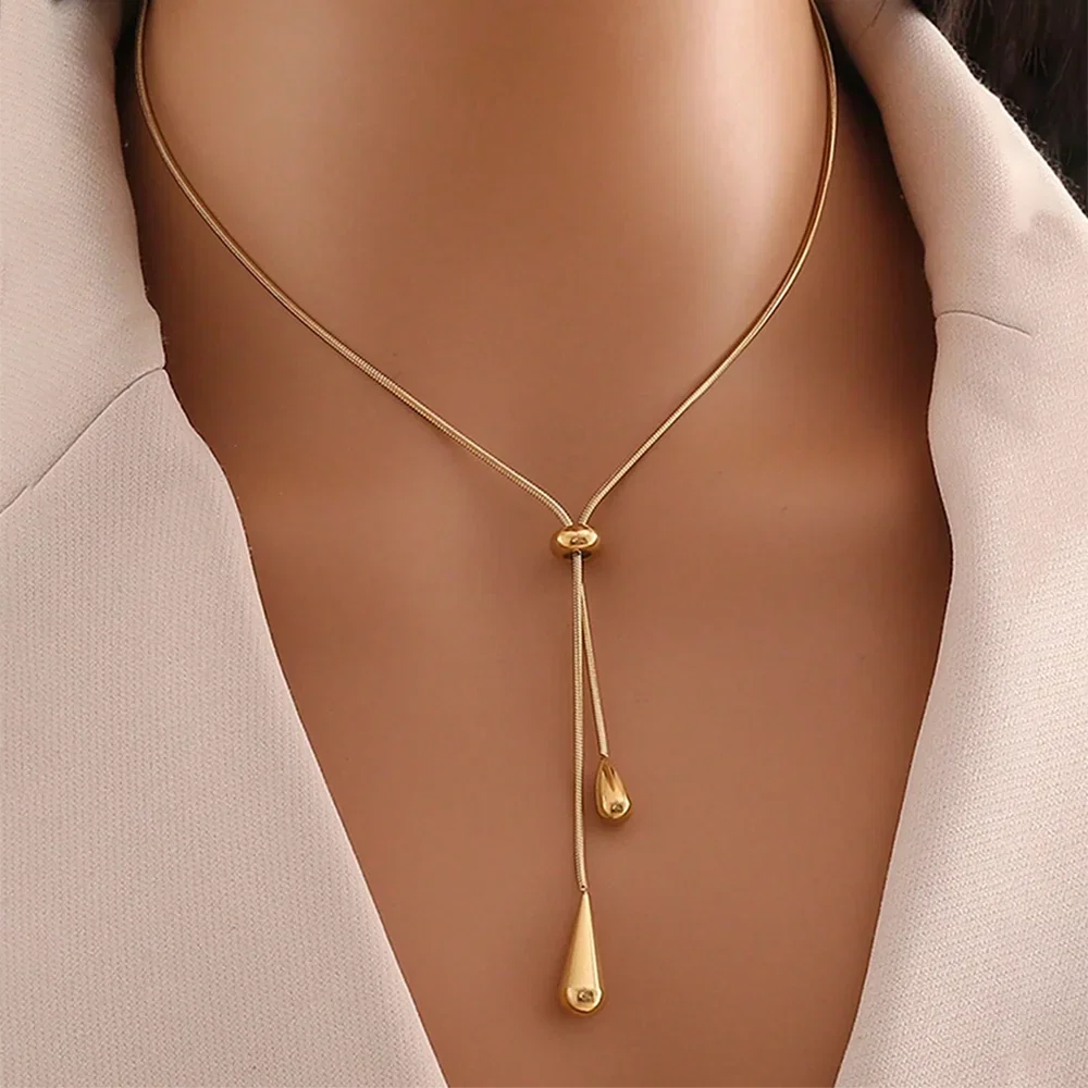 DOTIFI  Stainless Steel Pull Adjustable Water Drop Shape Tassel Charm Necklace Fashion Personality High-Grade Jewelry Gifts