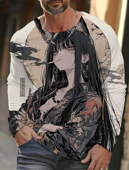 2024 new men's long-sleeved T-shirt 3D printing HD anime tattoo beauty printing men's autumn tops casual round neck home clothes