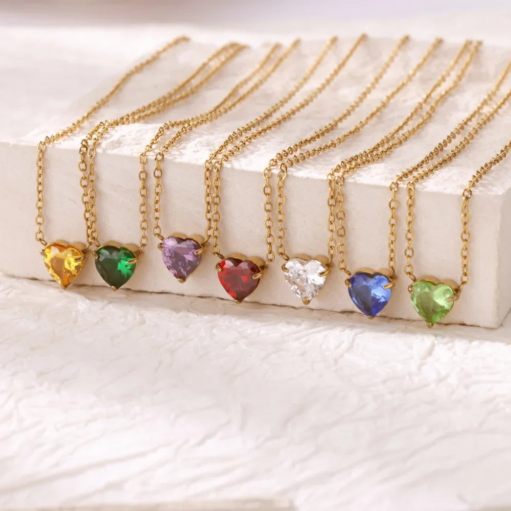 Stainless Steel Birthstone Pendant Necklace for Women Fashion Heart Crystal Zircon Charm Clavicle Chain Birthday Party Jewelry
