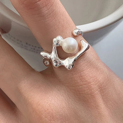 PANJBJ 925 Sterling Silver Pearl Irregular Ring | Women Shell Overlapping Hollow Sweet Design Jewelry