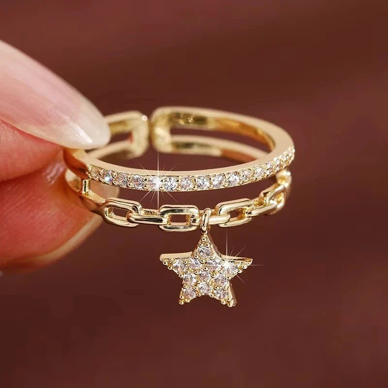 Exquisite Double-layer Design Women's Opening Ring Synthetic Zirconia Adjustable Ring with Star Pendant