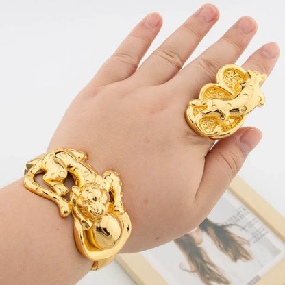 Trend Bangle with Ring Set for Party 18k Gold Color New Design Hand Bracelet Cocktail Ring Weddings Bride Set Ladies Jewellery