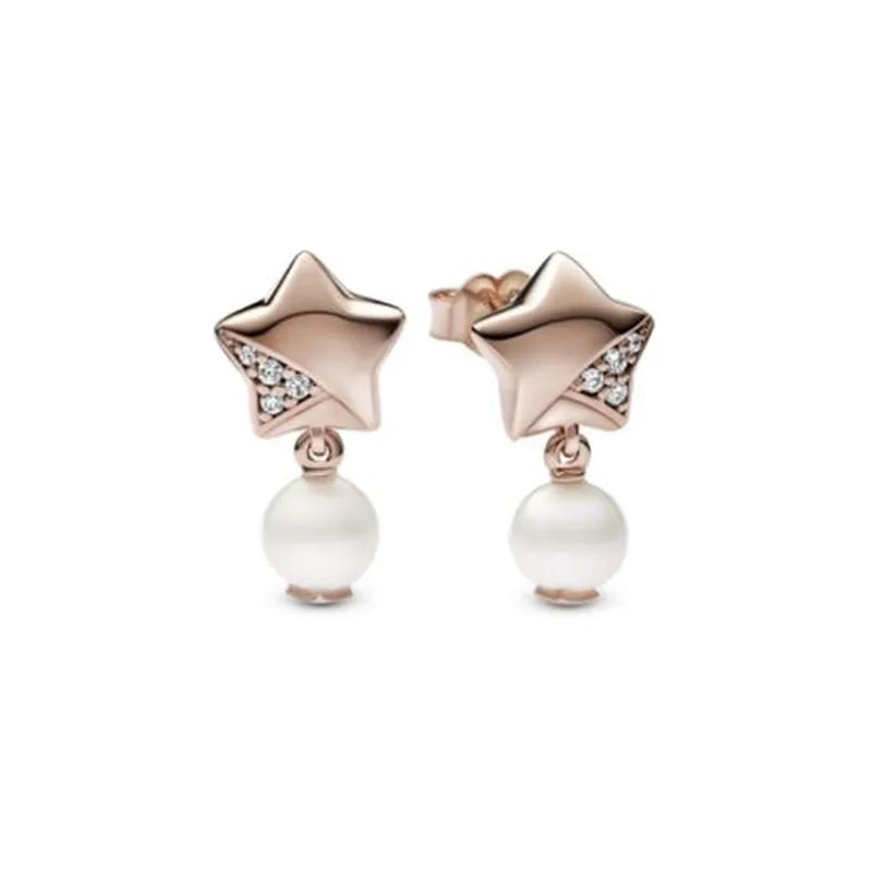 Rose Gold Color 925 Silver Sterling Flower Stud Earrings, Fit Women's Festival Christmas Charm Jewelry Gifts