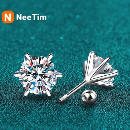 NeeTim 0.3-2CT Moissanite Stud Earrings For Women Screw Thread Ear Studs 925 Sterling Silver Wedding Jewelry Pass Diamond Test