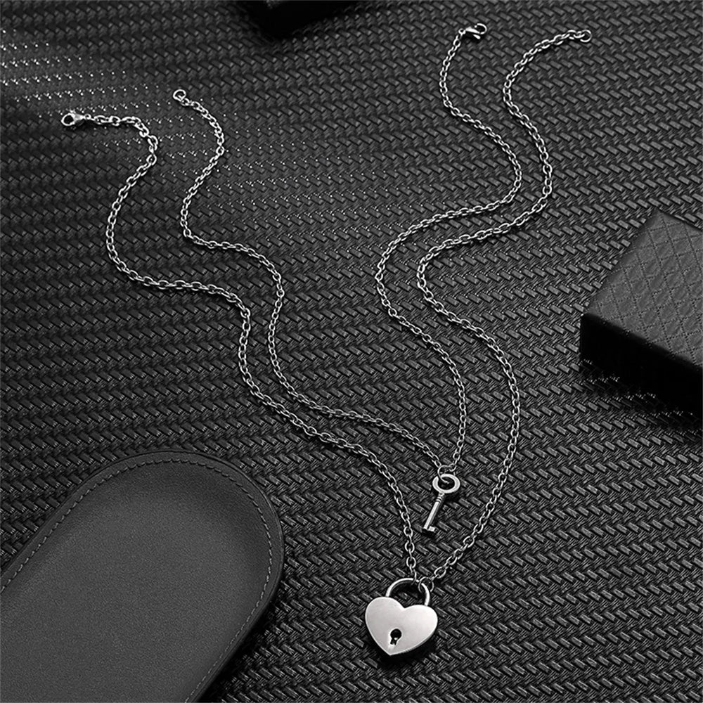 Romantic Key and Heart Couple Necklace Set | Stainless Steel Lock and Key Pendant for Lovers