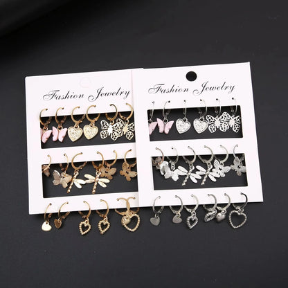 9 Pairs/ Set Exquisite Butterfly Heart Dragonfly Design Dangle Earrings Simple Vacation Style Delicate Holiday Earrings