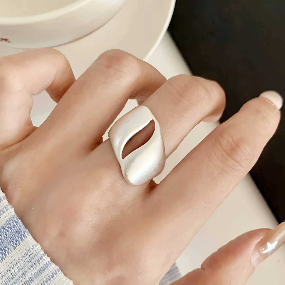 925 Sterling Silver Frosting Geometry Ring | Textured Wide Band for Women
