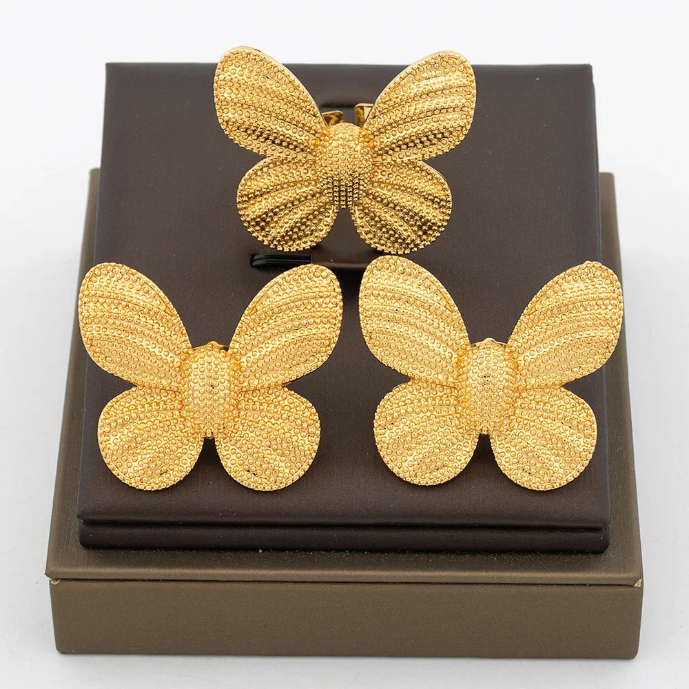 New Design Earrings Jewelry Set for Women Fashion 18k Gold Plated Copper Resizable Ring and Earrings for Dubai Retro Jewelry