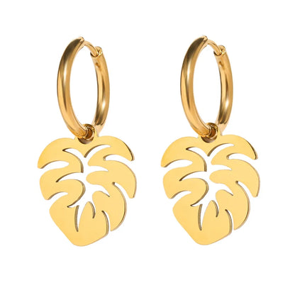 Stainless Steel Earrings Bohemian Tropical Plant Leaves Pendants Retro Glossy Aesthetic Hoop Earrings For Women Jewelry Girl New