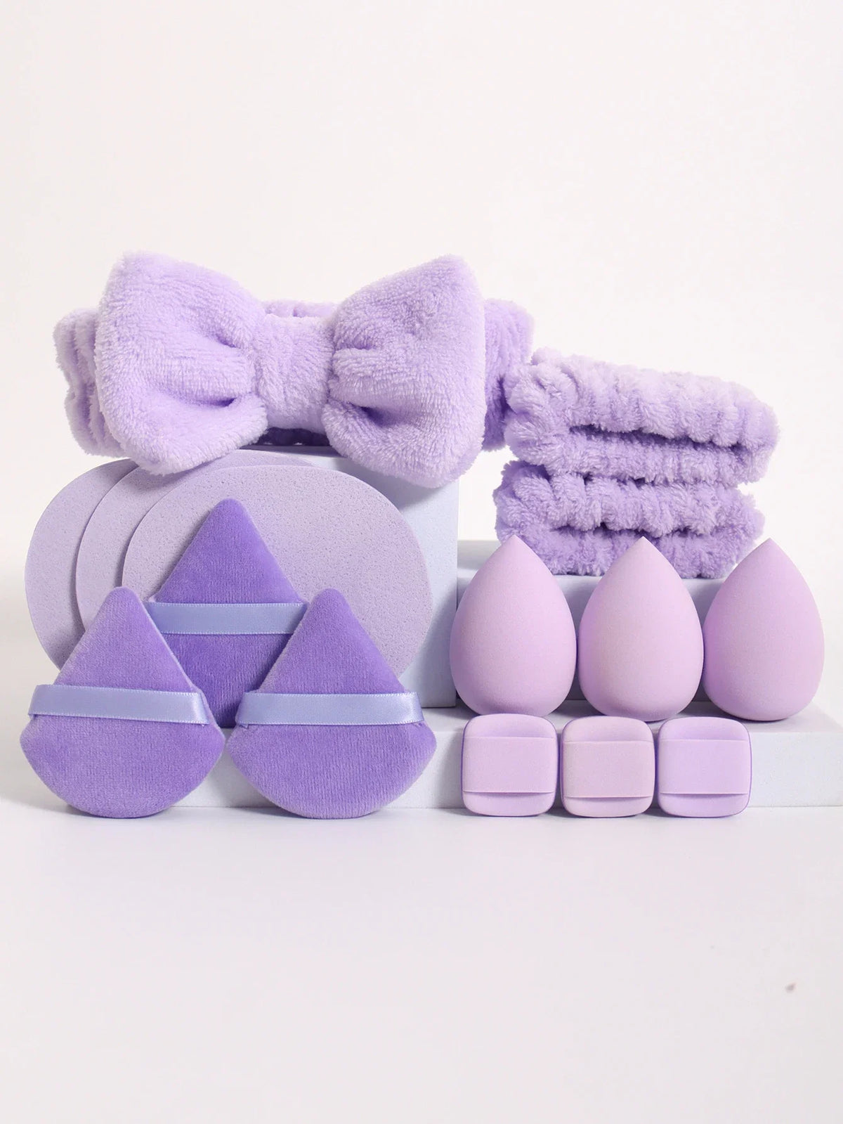 15Pcs Multi-Colored Fluffy Headband and Makeup Sponge Set | Sweet Style Beauty Kit