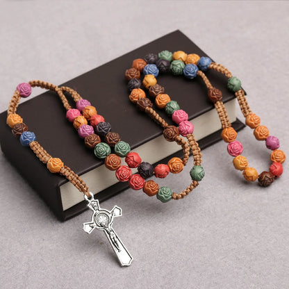 Christian Rose Beads Rosary Necklace For Women INRI Cross Crucifix Pendant Long Chain Female Fashion Religion Jewelry Gift