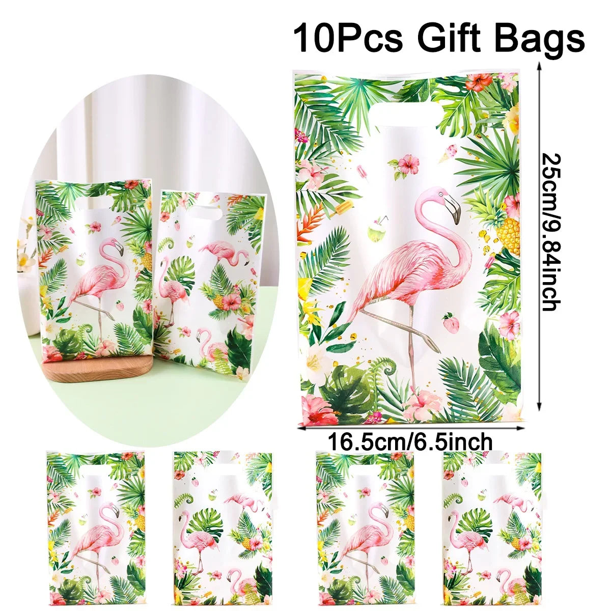Tropical Hawaiian Party Tablecloth and Candy Bags Set | Flamingo Summer Decor