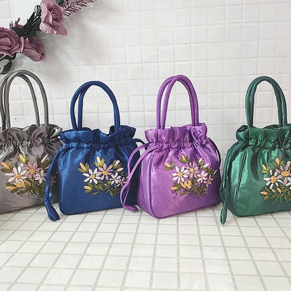 ZTBBAO Embroidered Flower Bucket Bag | Small Top Handle Handbag for Women