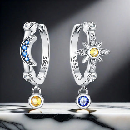 925 Sterling Silver Star Moon Hoop Earrings | Fine Jewelry Gift for Women