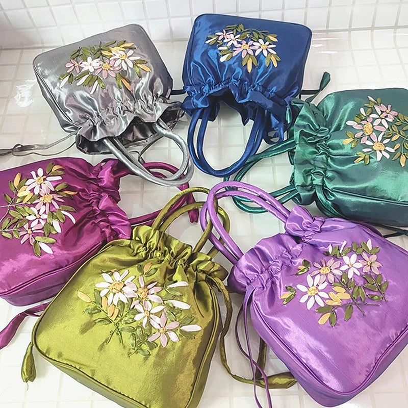 ZTBBAO Embroidered Flower Bucket Bag | Small Top Handle Handbag for Women