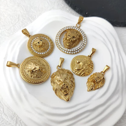 Men's Rock Hip Hop Crystal Inlay Lion Head Pendant Fashion Creative Stainless Steel Gold Color Party Club Charm Jewelry