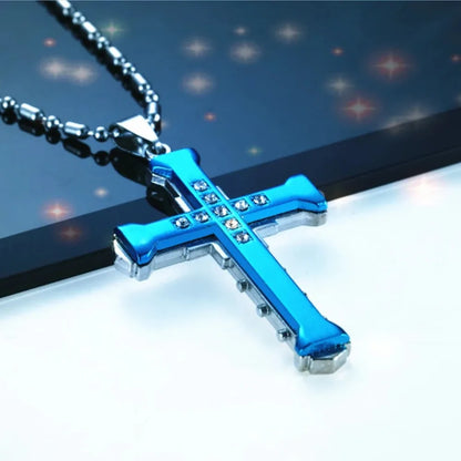 Men's Crystal Cross Pendant Necklace, Gold/Black/Blue Zirconia, Stainless Steel Jesus Cross Jewelry