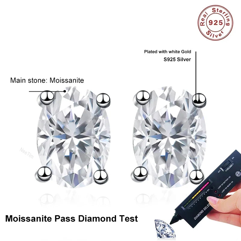 NeeTim 2 Carat Oval D Color Moissanite Stud Earrings For Women 925 Sterling Silver Sparkling Diamond  Earring Wedding Jewelry