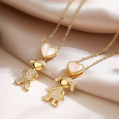 NEWBUY Delicae Gold Color Heart Boy & Girl Pendant Necklaces For Women Shiny CZ Inlay Jewelry Mother's Day Gift
