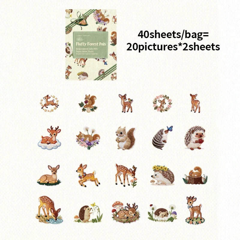 Kawaii Embroidered Fabric Pet Sticker Set | 40Pcs White Kraft Paper Journal Decor