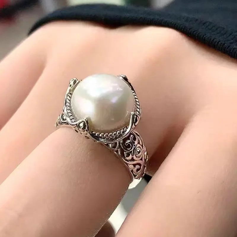 925 Sterling Silver Hollowed Pearl Adjustable Rings For Women Wedding Luxury Accessories  Dropshipping