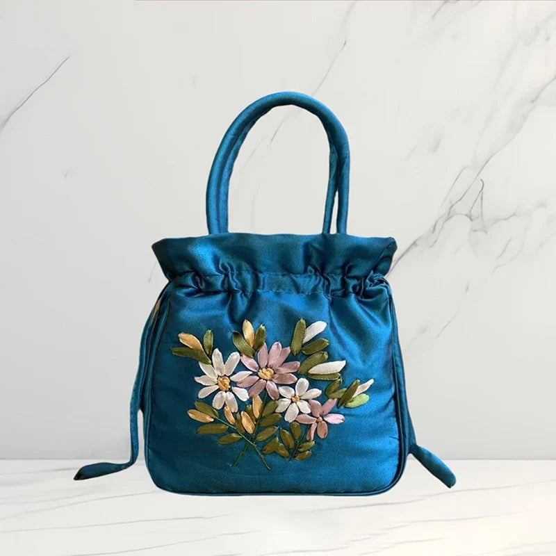 ZTBBAO Embroidered Flower Bucket Bag | Small Top Handle Handbag for Women