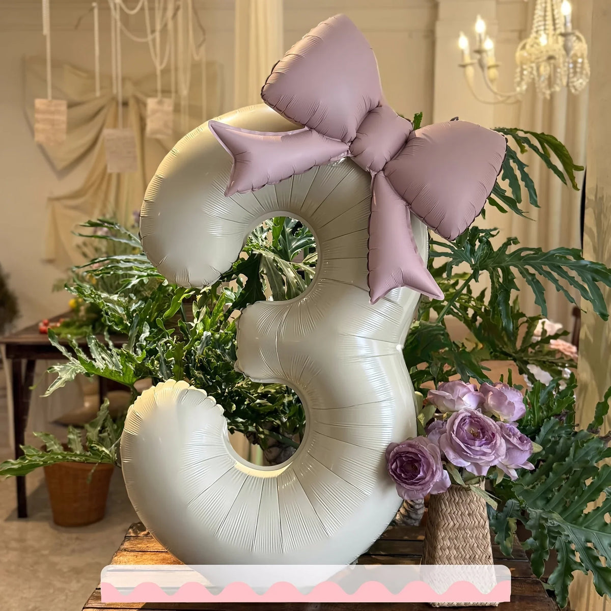2 Pcs 32 Inch Cream Digital Balloon Set with Pink Bow | Aluminum Foil Party Decor