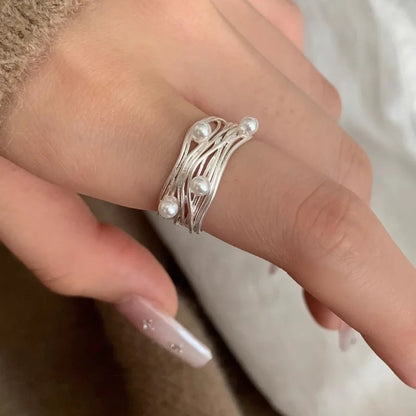 PANJBJ 925 Sterling Silver Pearl Irregular Ring | Women Shell Overlapping Hollow Sweet Design Jewelry