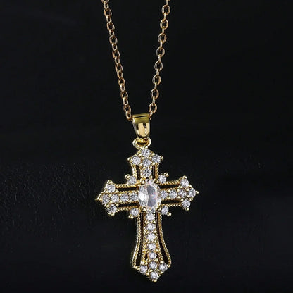 1Pcs Cross Necklace Pendant Religious Blessing Stainless Steel Sturdy Gold Necklace Water Diamond Inlay Trendy Fashion