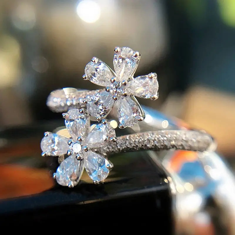 925 Sterling Silve Aesthetic Flower Adjustable Finger Ring Female Brilliant Zirconia Jewelry for Engagement Delicate Accessories