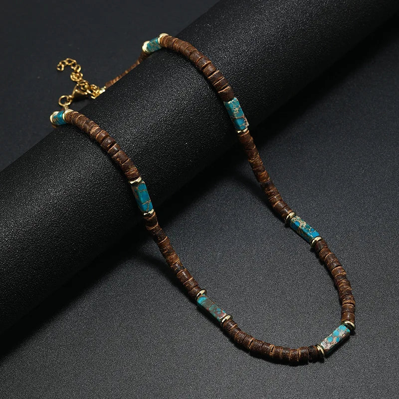 Vintage Boho Natural Stone Necklace for Couples | Brown Coconut Shell Bead Choker