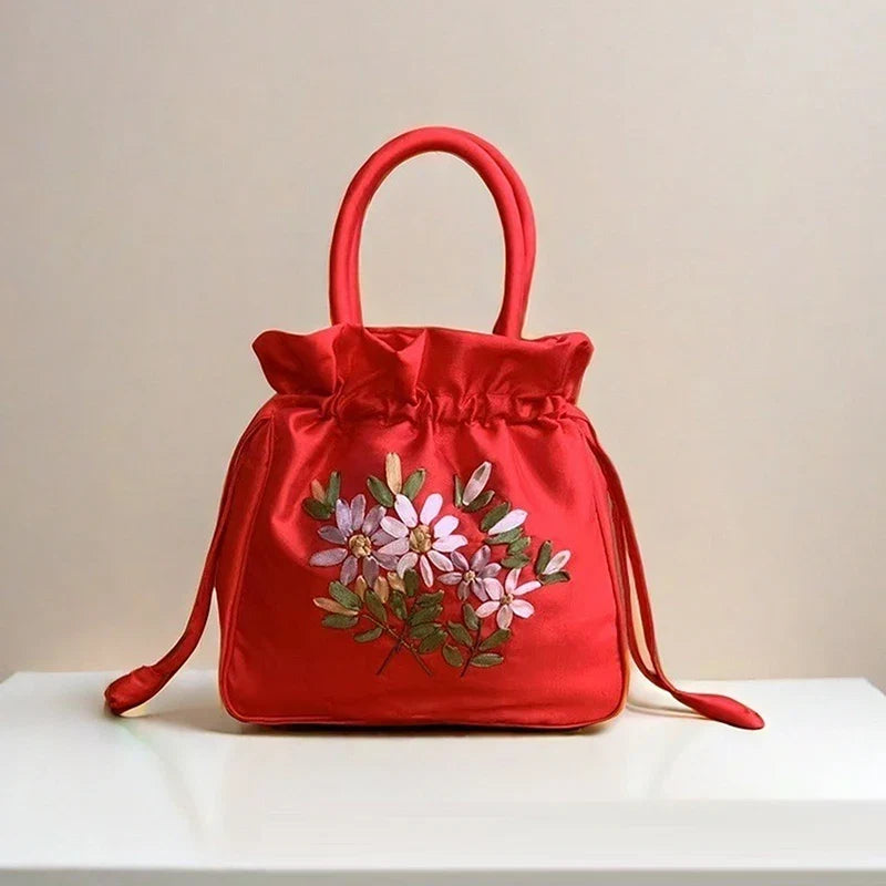 Small Embroidered Flower Bucket Bag | Women's Top Handle Drawstring Purse