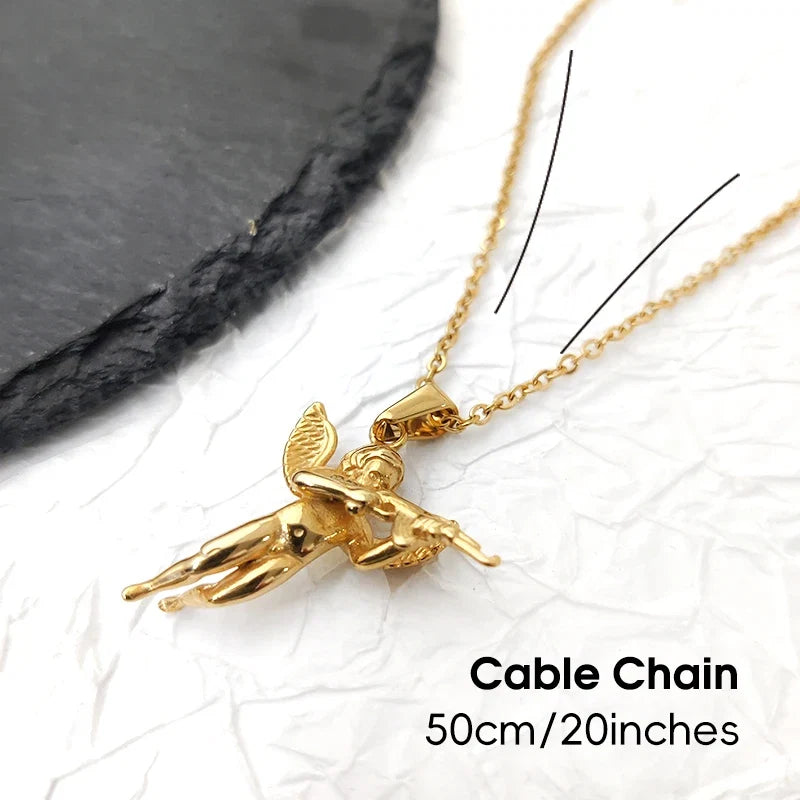 3D Angel with Gun Pendant Necklace for Men - 18K Gold Plated & 316L Steel Rope Chain Hip Hop Gothic Jewelry Gift Cupid's Reveng