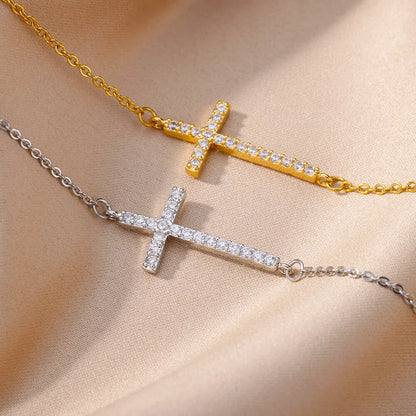 Crystal Cross Bracelets For Women Fashion Gold Plated Stainless Steel Cross Bracelet Vintage Religion Aesthetic Jewelry Gift