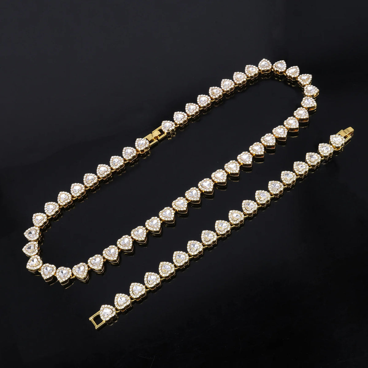 Yupsk 45CM/20CM Shiny Heart Rhinestone Hip Hop Rock Tennis Chain Bracelet Necklace for Women Men Trendy Jewelry Set Gift