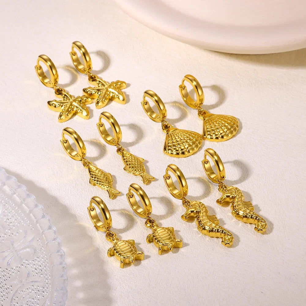 Freshwater Ocean Starfish Shell Hoop Earrings For Women Elegant Stainless Steel Gold Color Aretes Christmas jewelry accessories