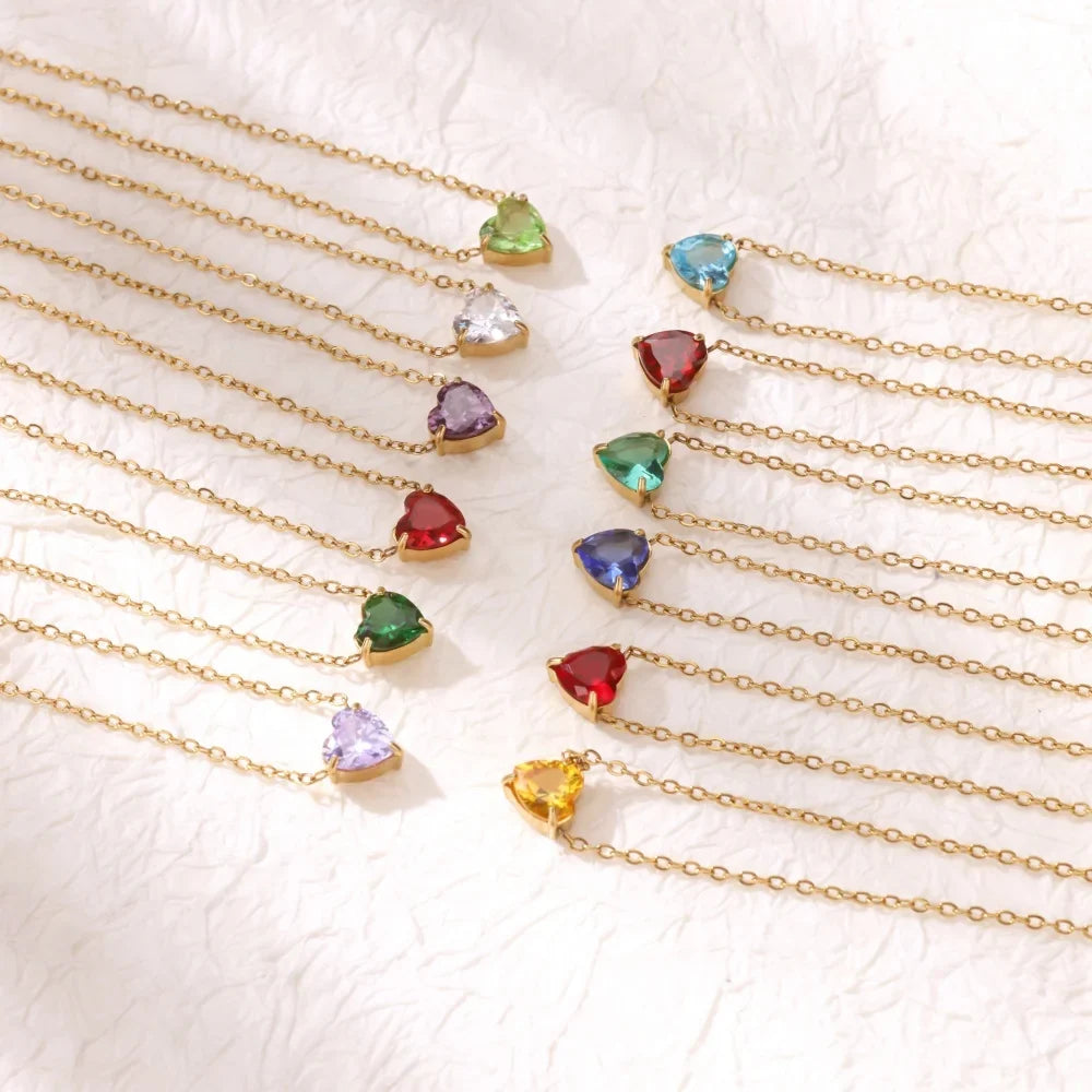 Stainless Steel Birthstone Pendant Necklace for Women Fashion Heart Crystal Zircon Charm Clavicle Chain Birthday Party Jewelry