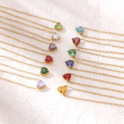 Stainless Steel Birthstone Pendant Necklace for Women Fashion Heart Crystal Zircon Charm Clavicle Chain Birthday Party Jewelry
