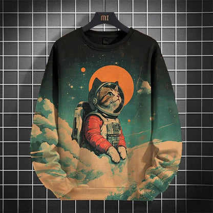 Japanese Pattern Sweatshirts For Men Space Cat 3D Printed Pullover Autumn Oversized O-Neck Hoodies Long Sleeves Clothing Tops