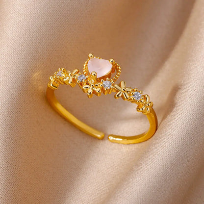 Stainless Steel Rings For Women Gold Color Fashion Heart Zircon Opening Ring Female Finger Wedding Party Jewelry Gift