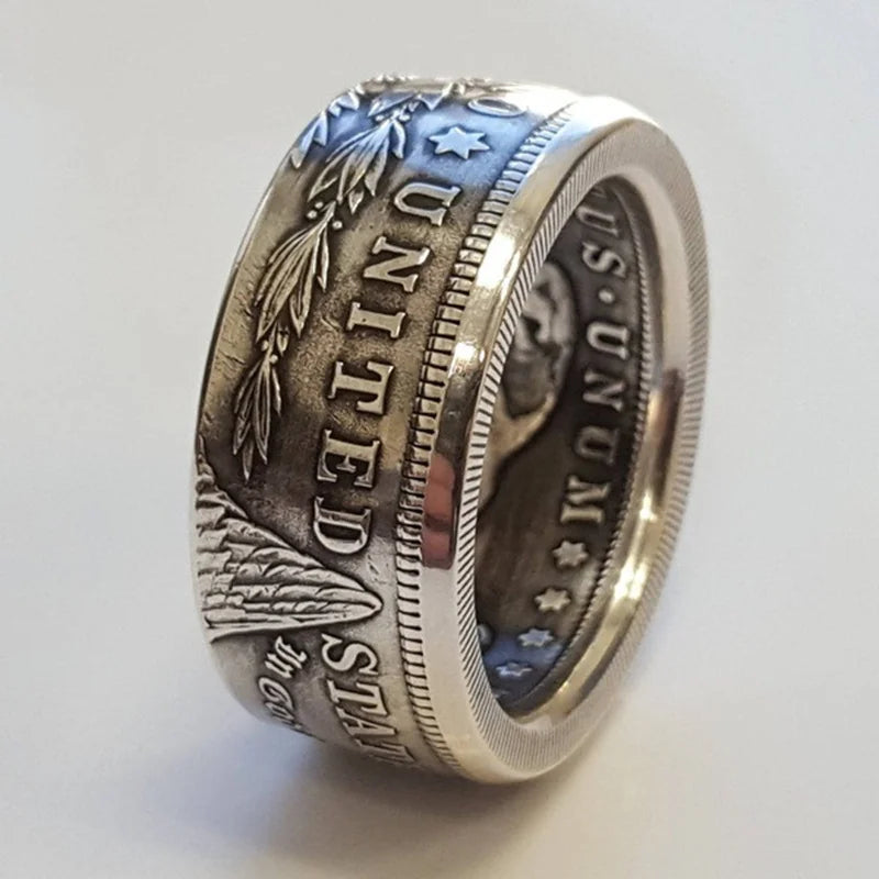 S925 Sterling Silver Ring | Thai Silver Vintage National Emblem Motto Ring for Men