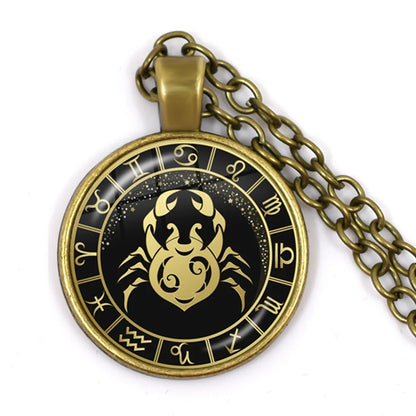 12 Constellation Zodiac Pendant Necklace | Antique Bronze Glass Dome Jewelry