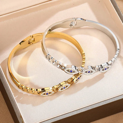 Fashion Stainless Steel Bracelet For Women Men Evil Eye Cuff Bangles Gold Plated Spring Buckle Lucky Amulet Jewelry Accessories