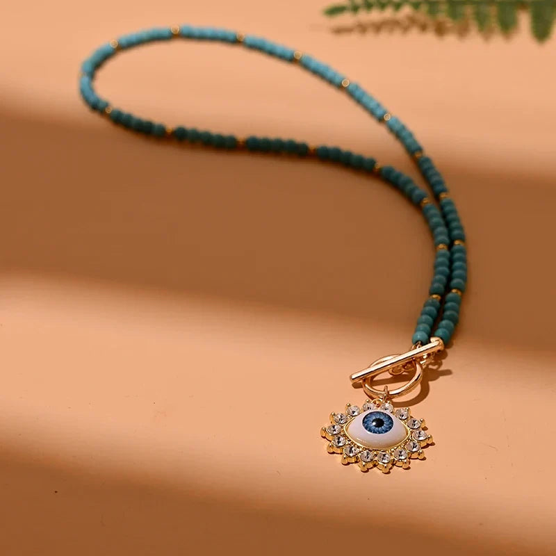 4mm Colorful Stone Choker Necklace for Women | Round Evil Charm Pendant