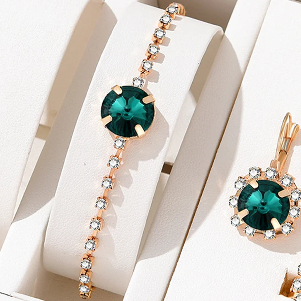 5 Piece Set Women Fashionable Temperament Circular Green Crystal Necklace Bracelet Earring Ring Combination Versatile Exquisite